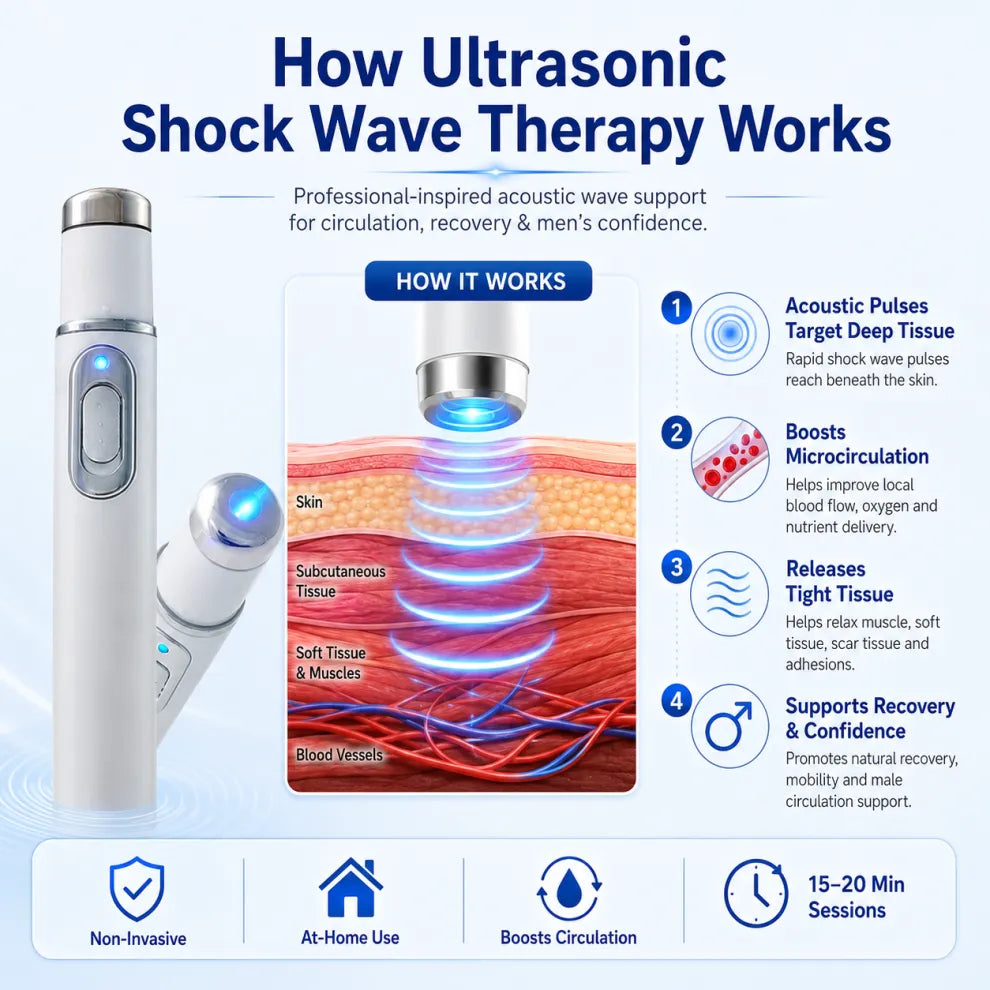Advanced Acoustic Shockwave Therapy restores penile tissue health to enhance rise rigidity, stamina, and male performance confidence, relieving muscle pain, joint stiffness, tendon discomfort📈
