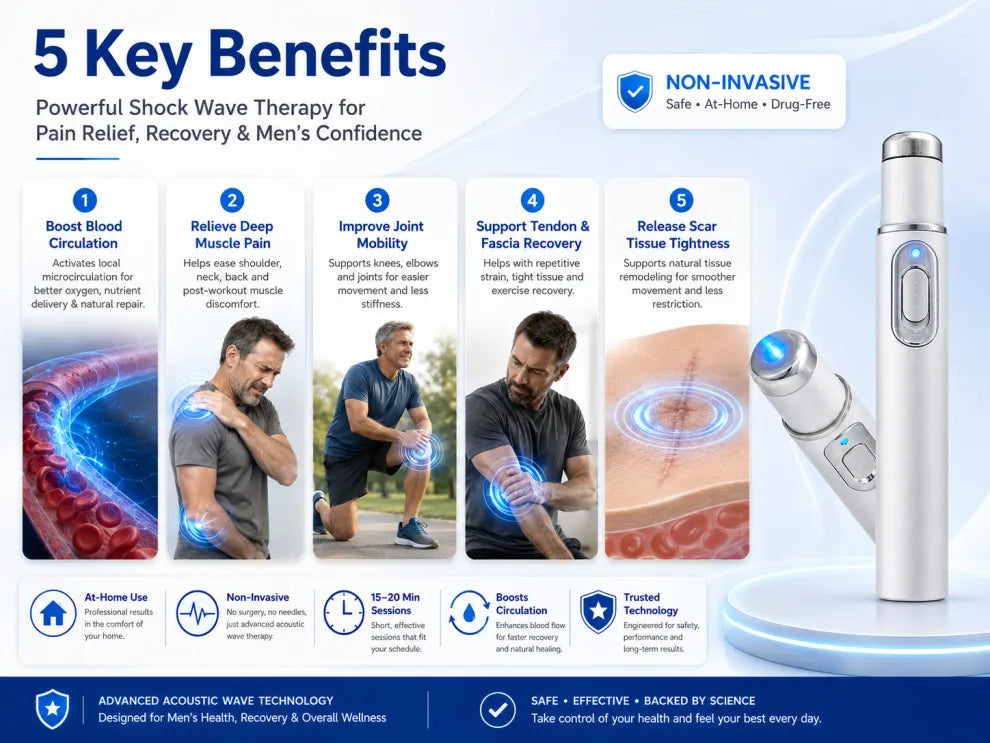 Advanced Acoustic Shockwave Therapy restores penile tissue health to enhance rise rigidity, stamina, and male performance confidence, relieving muscle pain, joint stiffness, tendon discomfort📈