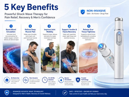 Advanced Acoustic Shockwave Therapy restores penile tissue health to enhance rise rigidity, stamina, and male performance confidence, relieving muscle pain, joint stiffness, tendon discomfort📈